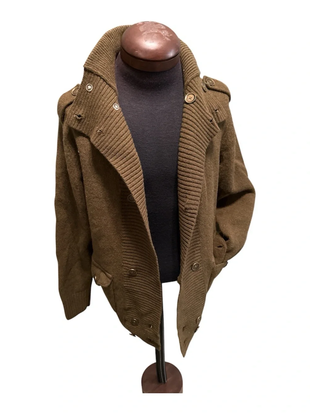Men’s Lambswool Khaki Double‑Breasted Cardigan w/ Epaulettes – Tasso Elba M